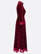 Burgundy Beaded Mock Neck Three Quarter Sleeve A-Line Maxi Velvet Dress