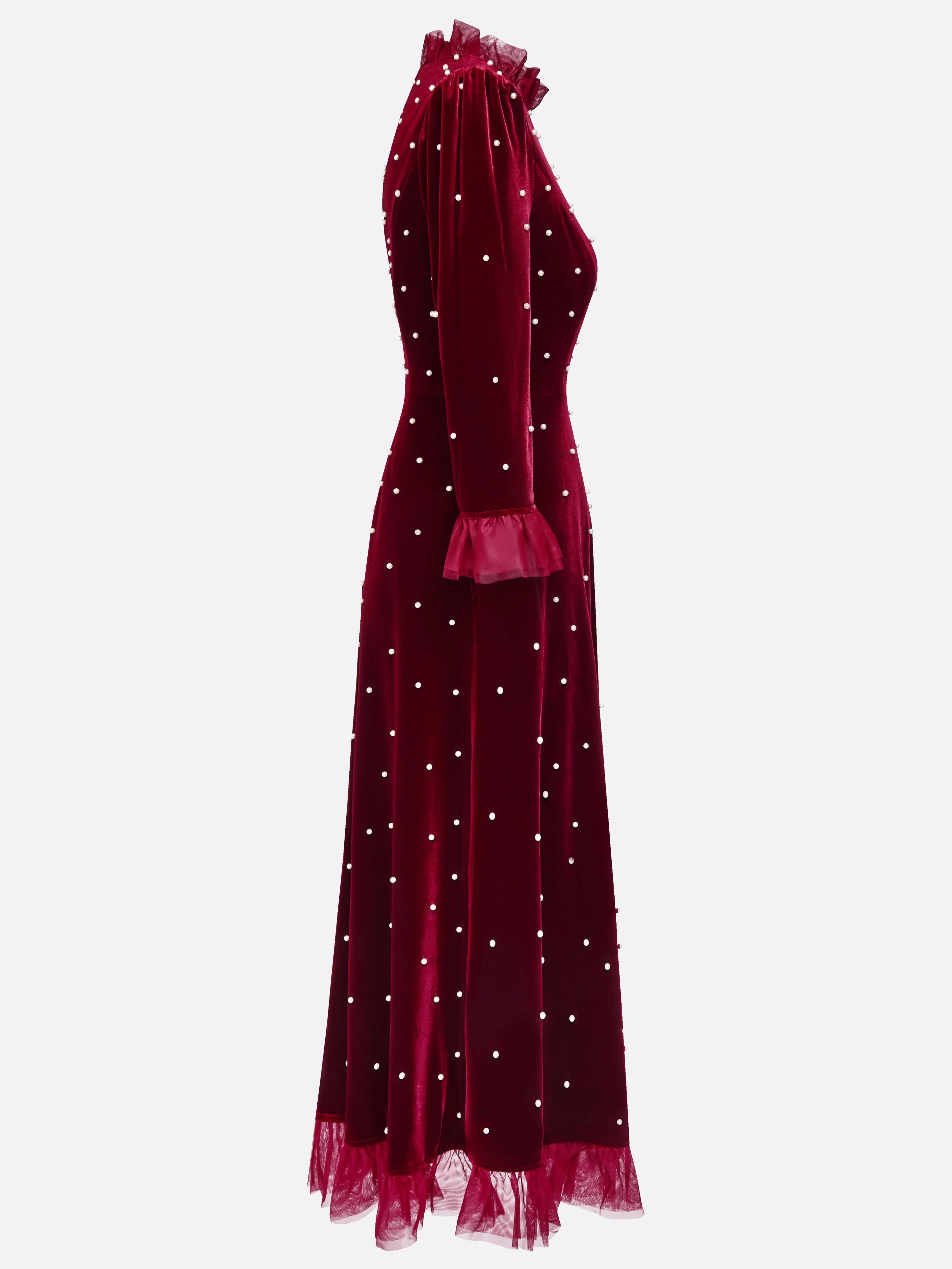 Burgundy Beaded Mock Neck Three Quarter Sleeve A-Line Maxi Velvet Dress