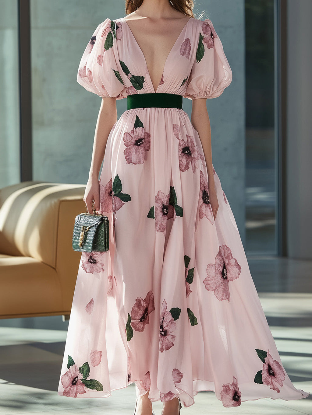 Elegant Pink Chiffon Floral Print Dress with Waist Belt