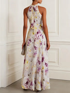 Light Purple Floral Chiffon Halter Sleeveless A-Line Maxi Dress