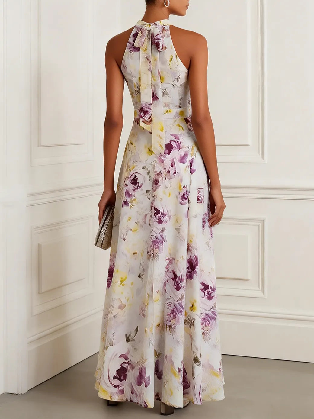 Light Purple Floral Chiffon Halter Sleeveless A-Line Maxi Dress