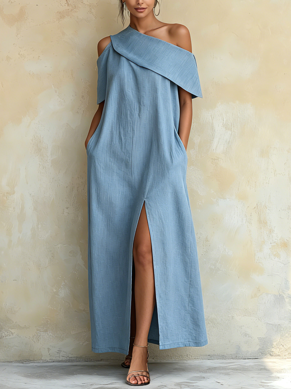 Light Blue Tencel Denim Asymmetrical One Shoulder Maxi Dress