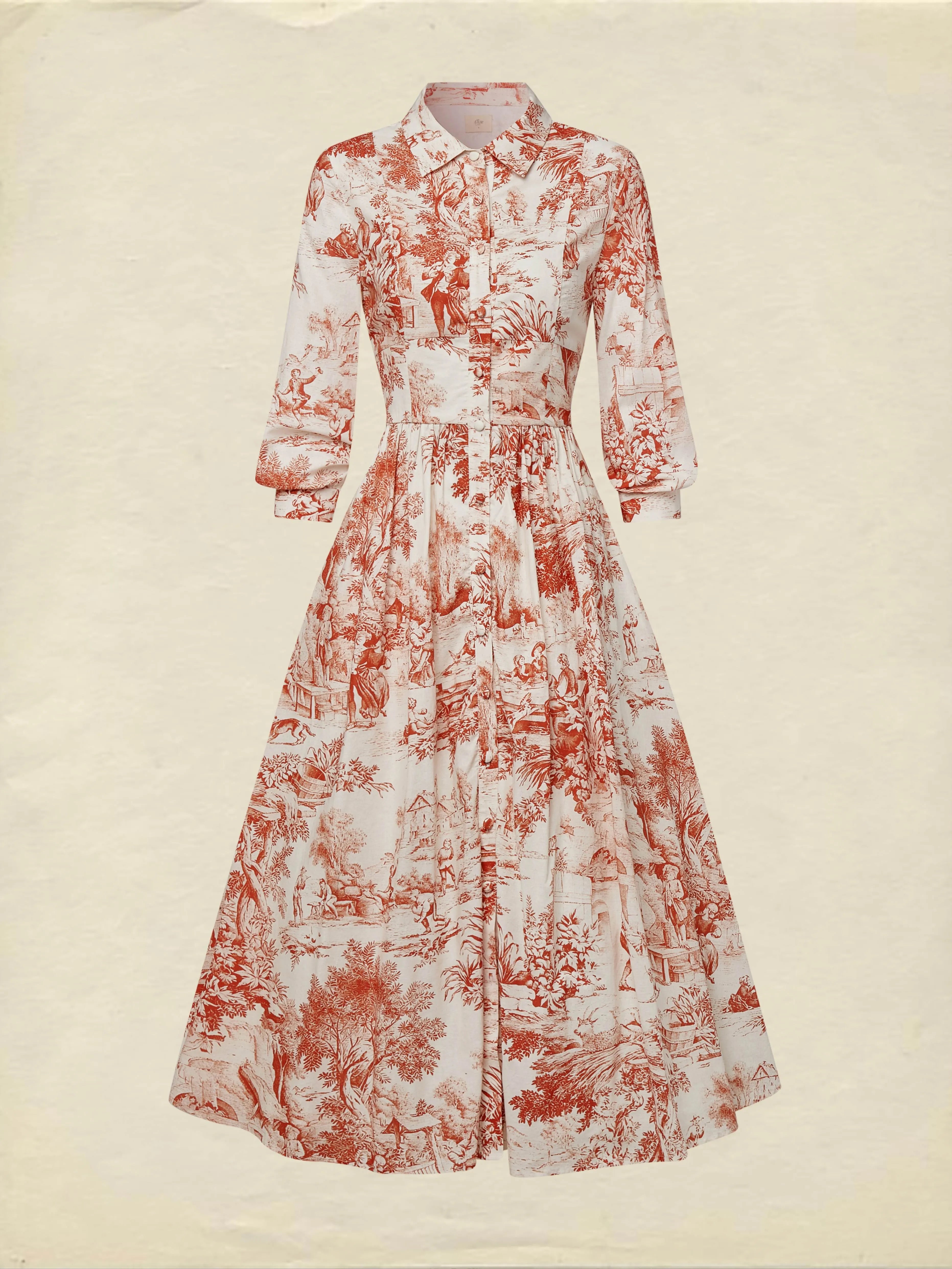 Maxi Linen Dress, Half Sleeve, Shawl Collar, Floral, Button Design, French Vintage, White