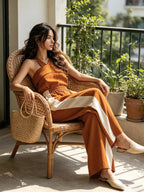 Burnt Orange Halter Neck Color Block Wide-Leg Jumpsuit