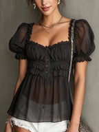 Black Sheer Puff Sleeve Blouse With Ruffled Bodice