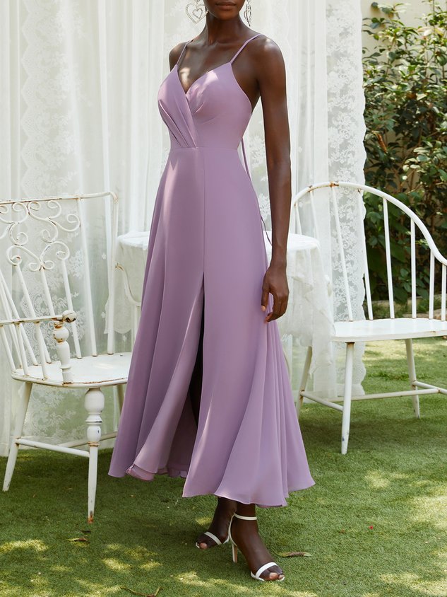Purple Pleated Chiffon Spaghetti Gallus A-Line Maxi Bridesmaid Dress