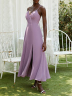 Purple Pleated Chiffon Spaghetti Gallus A-Line Maxi Bridesmaid Dress