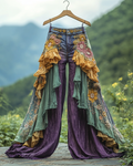 Summer ruffled denim cotton and linen patchwork contrast color pants d6bb