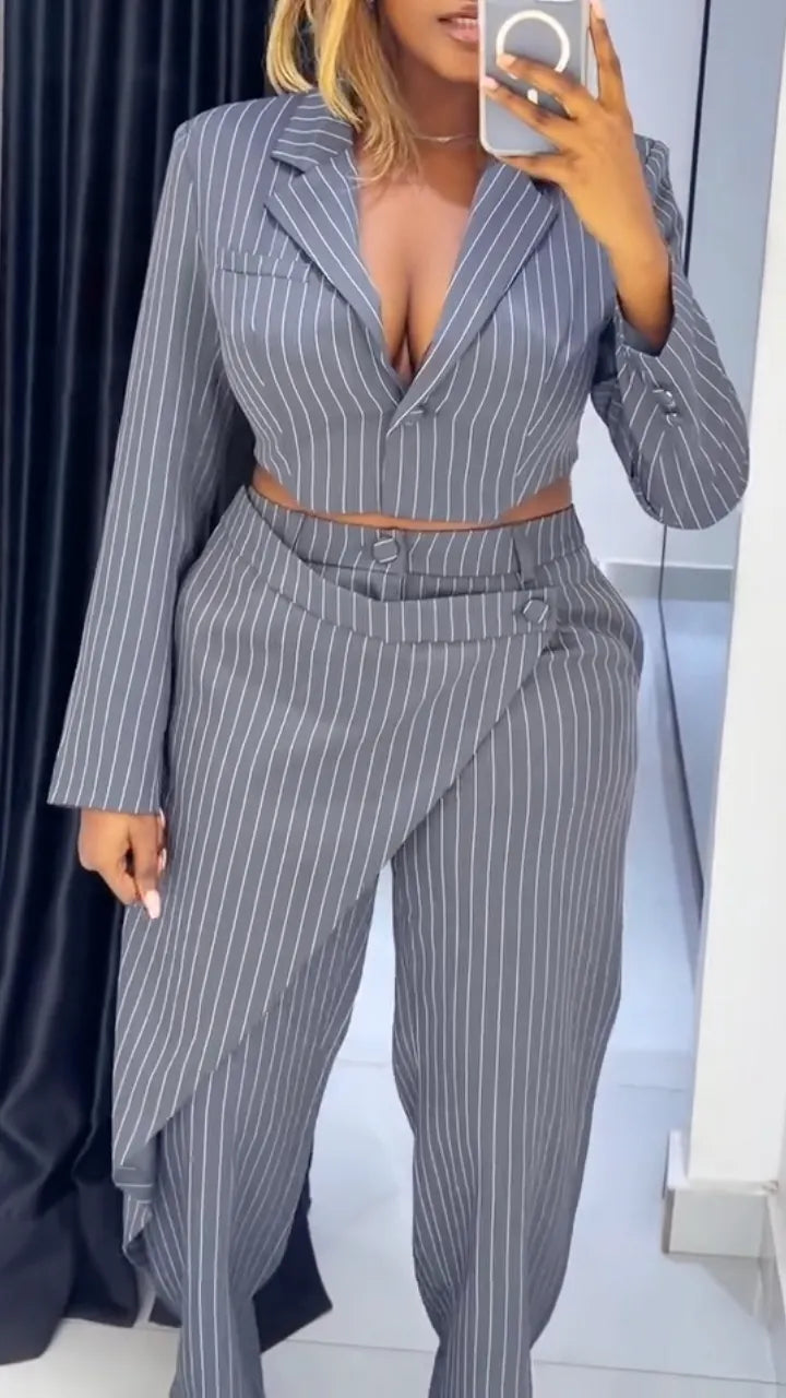 Striped Cropped Blazer & Wrap Overlap Pant Suit