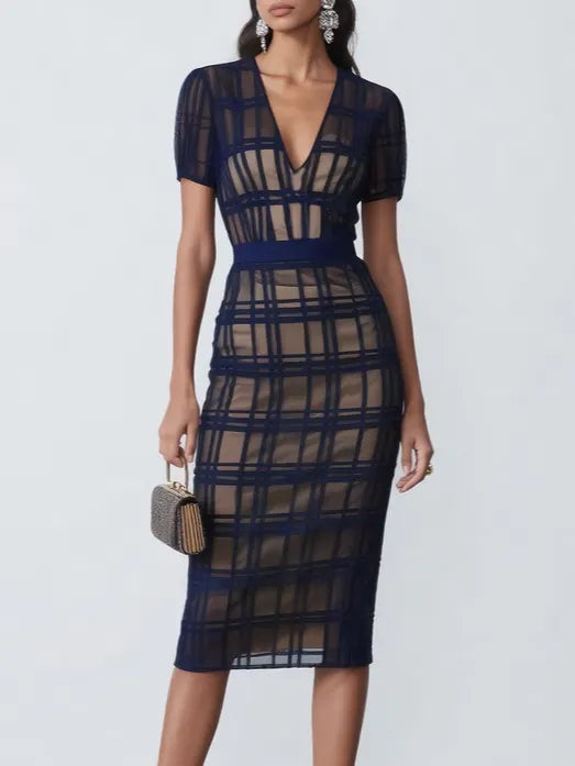 Purplish blue Organza Plaid Classic V Neck Short Sleeve Sheath Midi Dress
