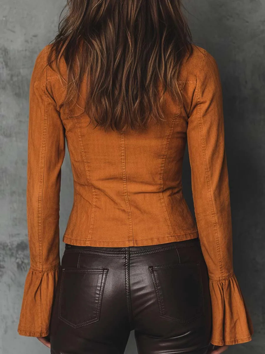 Rust Orange Washed Cotton Zip-Up Blouse With Flared Sleeves