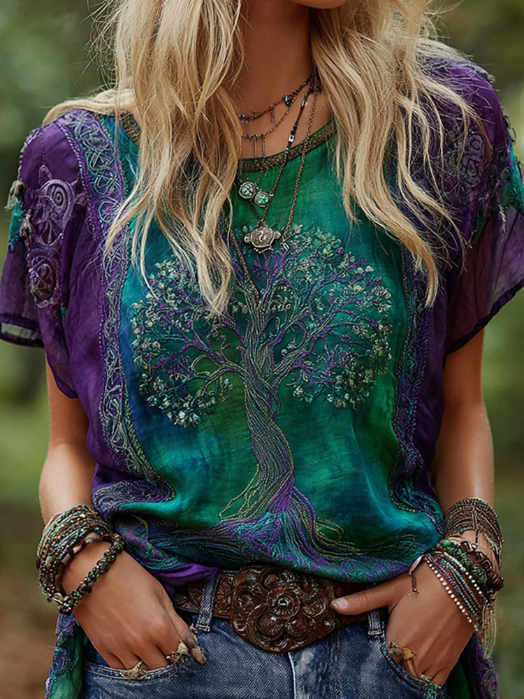 Women's Vintage Viking Tree Of Life Patchwork Casual Linen Crew Neck T-shirt