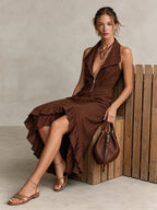Chocolate Brown Cotton-Linen Blend Halter Neck Zip-Front Ruffle Midi Dress