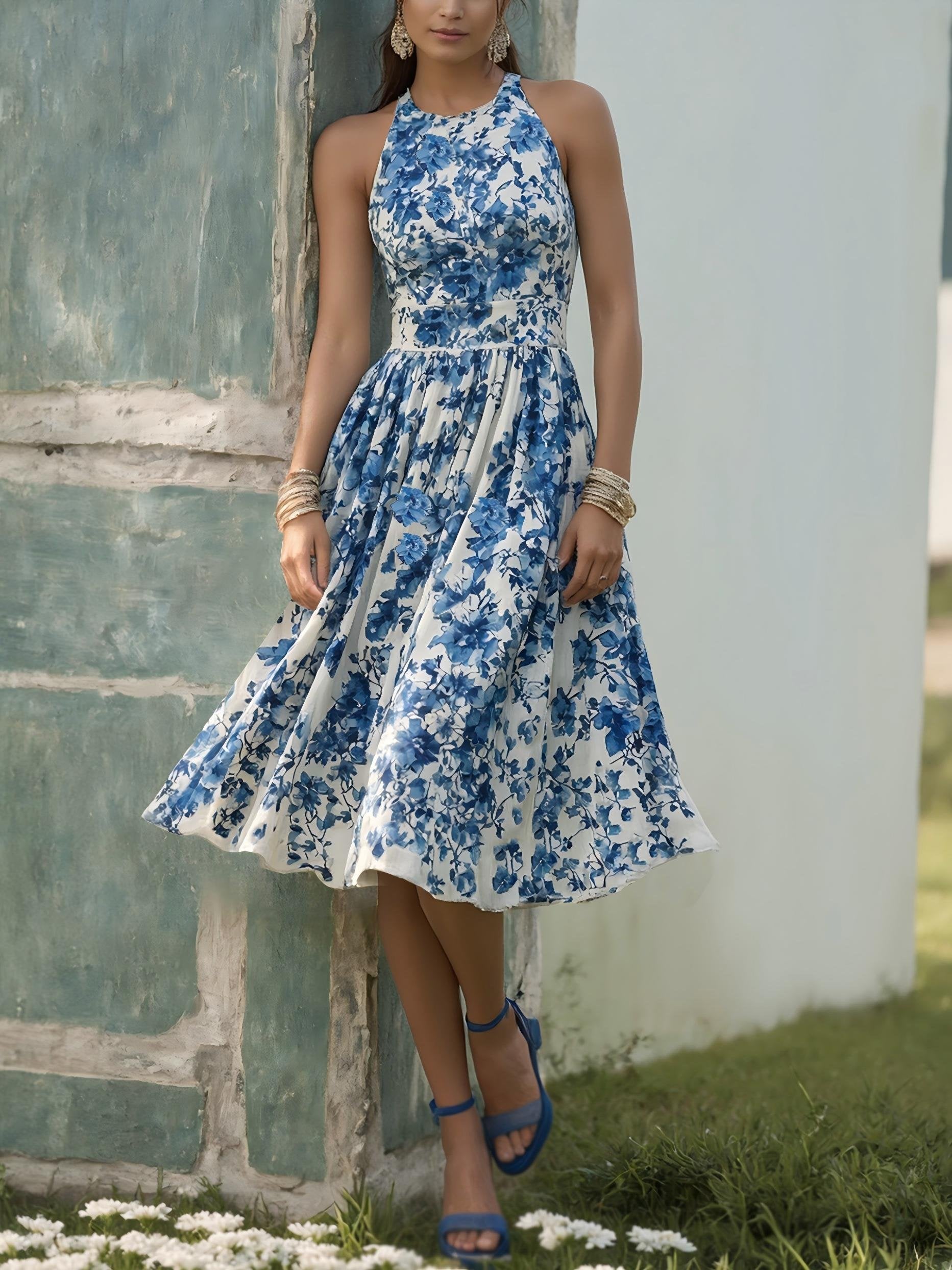 Midi Linen Dress , Sleeveless, Round Neck, Floral, Vacation, Vintage, Blue