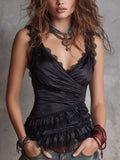 Vintage Elegance Satin Lace Trim Wrap Camisole Top