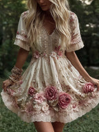 Women's Vintage Flowers Embroidery Art V-neck Short Sleeves Mini Dress