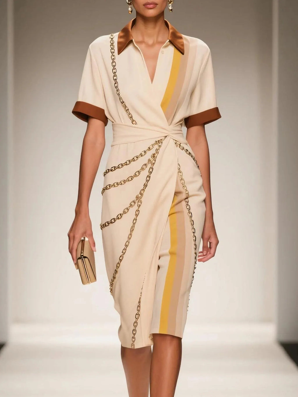 Apricot Wrap Dress Shirt Collar Short Sleeve Sheath Midi Dress