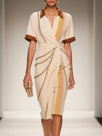 Apricot Wrap Dress Shirt Collar Short Sleeve Sheath Midi Dress