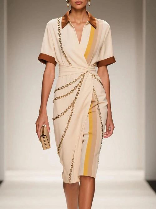 Apricot Wrap Dress Shirt Collar Short Sleeve Sheath Midi Dress