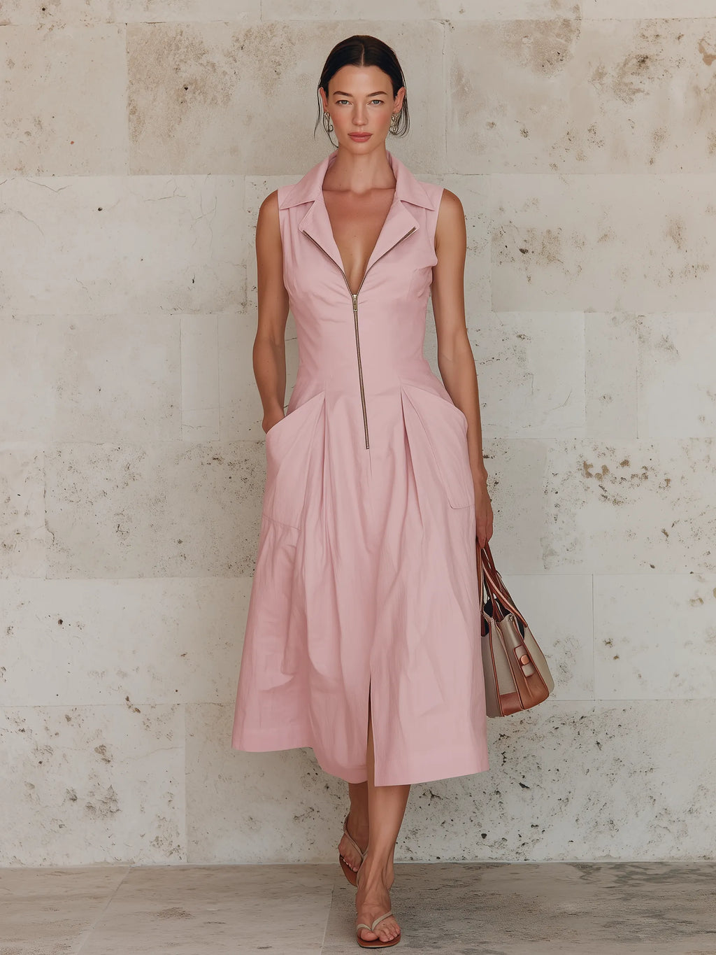 Blush Pink Cotton-Linen Blend Zip-Front Sleeveless Midi Dress