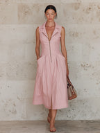 Blush Pink Cotton-Linen Blend Zip-Front Sleeveless Midi Dress