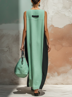 Mint Green & Black Denim Colorblock Sleeveless Maxi Dress