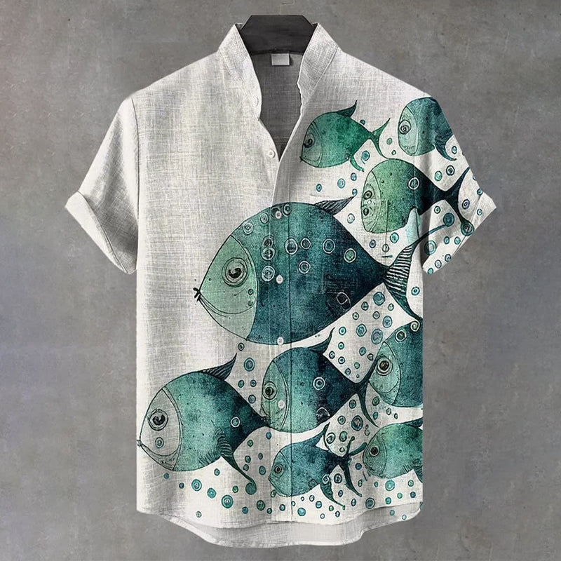 Vintage Fish Art Print Casual Cotton Linen Shirt