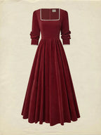 Maxi Cotton Dress, Half Sleeve, Square Neck, Plain, Pocket Design, Vintage, Red