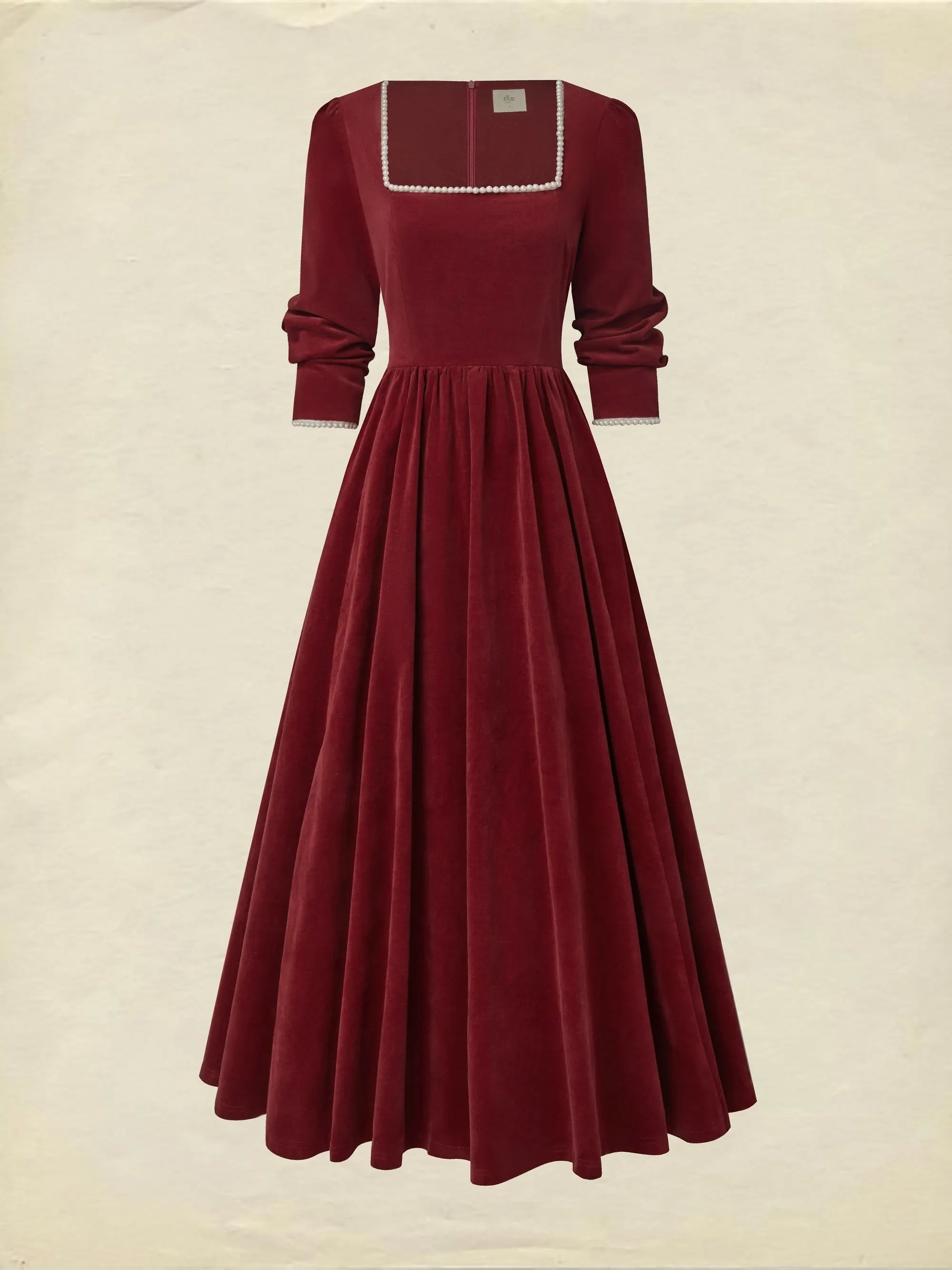 Maxi Cotton Dress, Half Sleeve, Square Neck, Plain, Pocket Design, Vintage, Red