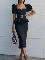 Black Peplum Sweetheart Neckline Puff Sleeve Sheath Midi Dress With Belt