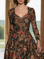 Midi Linen Dress, Long Sleeves, Sweetheart Neck, Floral, Button Design, Vacation, Vintage, Deep Brown
