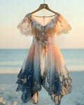 Summer Vacation Bohemian Hand Embroidered Lace Chiffon Dress 69b4