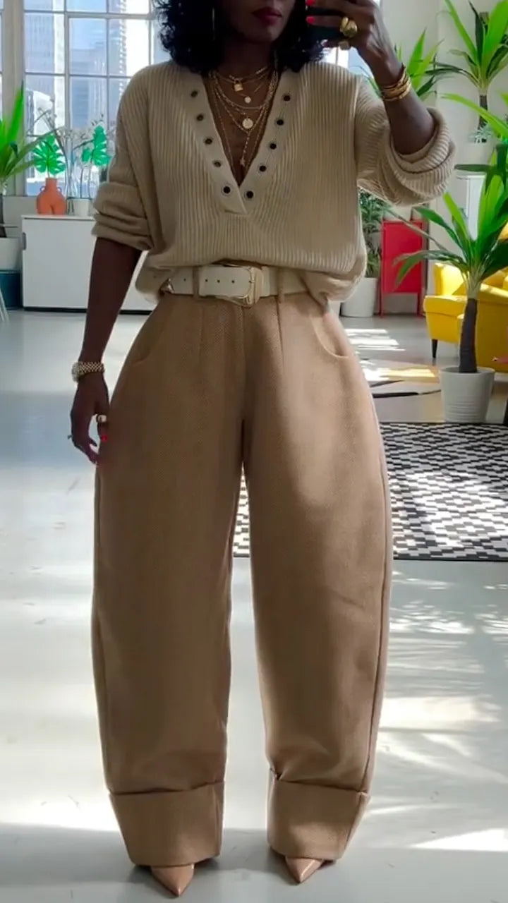 Knit Sweater & Beige Barrel Pants Co‐ord Set
