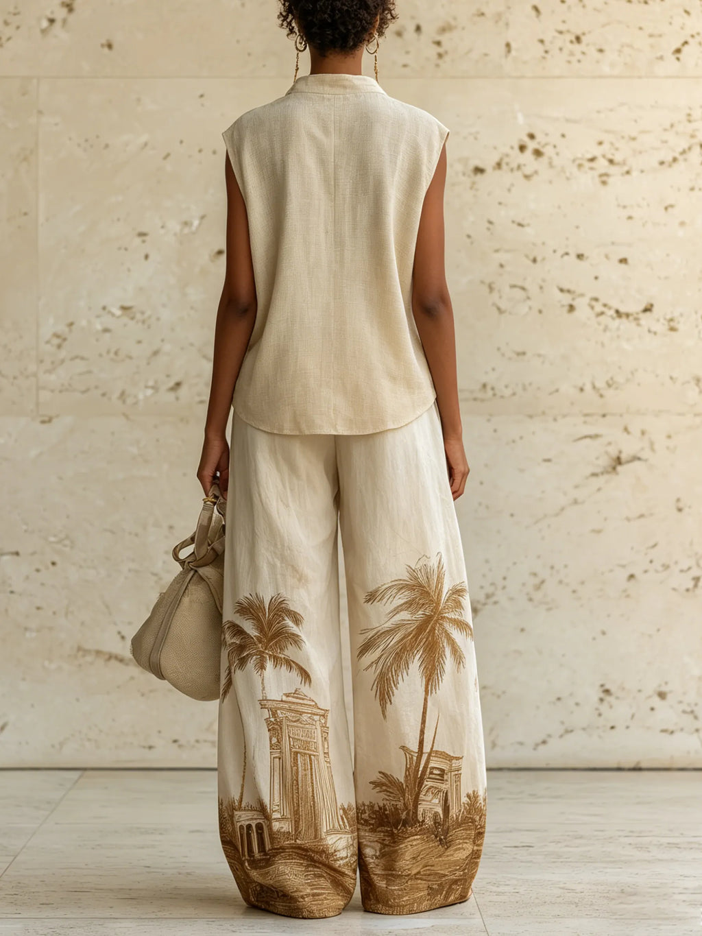 Beige Linen-Blend Sleeveless Top & Palm Print Wide-Leg Pants Set