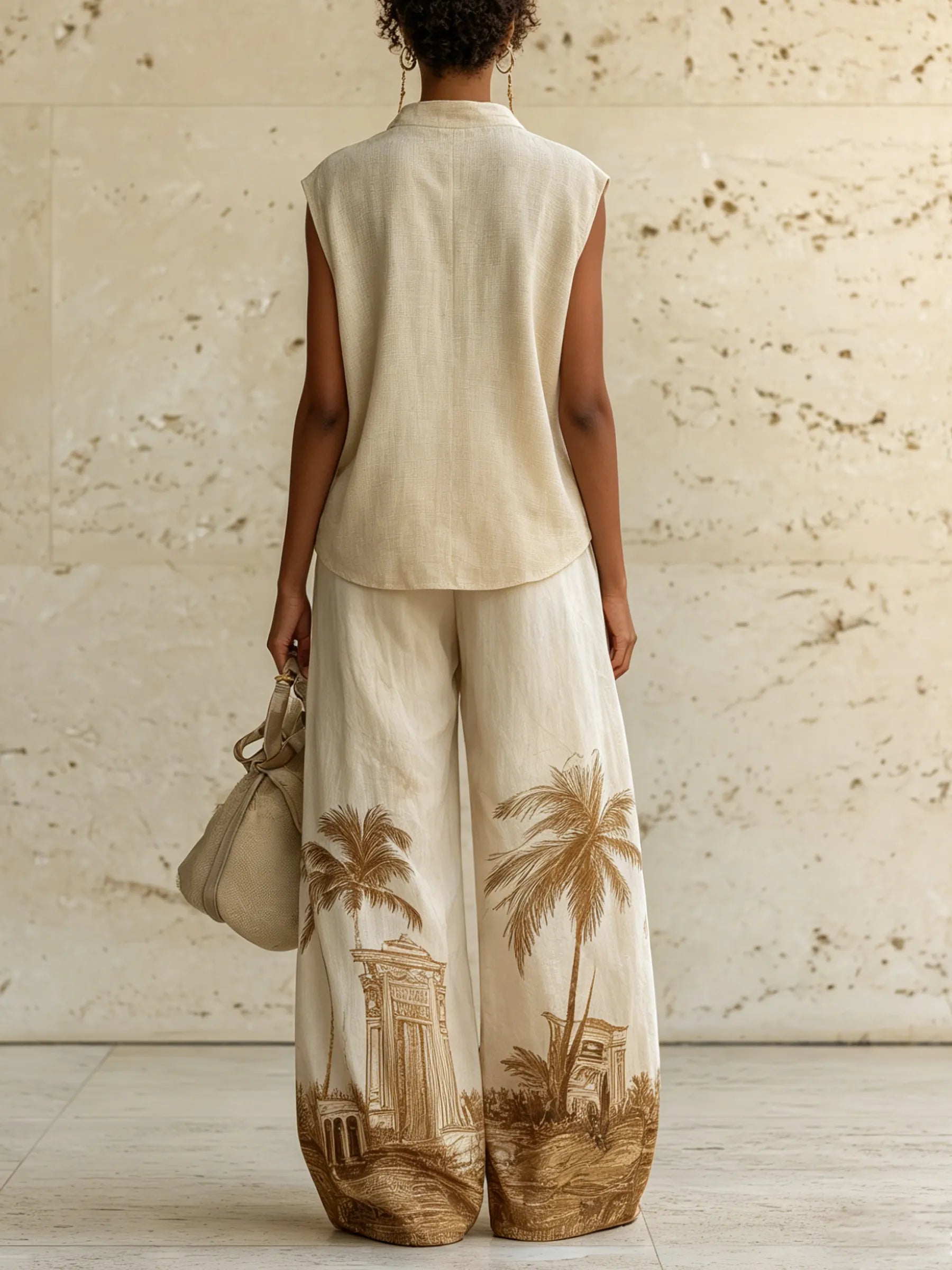 Beige Linen-Blend Sleeveless Top & Palm Print Wide-Leg Pants Set