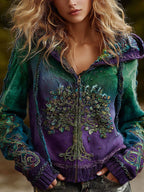 Women's Vintage Viking Tree Of Life Cozy Warm Knit Zip-up Hooded Sweater