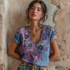 Women's Bohemian Floral Embroidery Art V-neck Contrast Color Linen Blend T-shirt