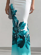 Stylish Satin Halter Neck Dress with Side Floral Print