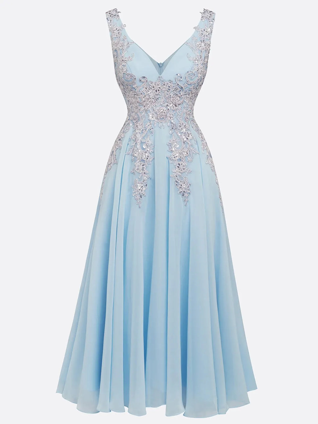 Light Blue Sequin Lace Asymmetric Chiffon V Neck Sleeveless A-Line Maxi Dress