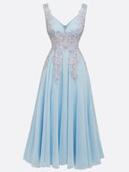 Light Blue Sequin Lace Asymmetric Chiffon V Neck Sleeveless A-Line Maxi Dress