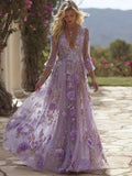 Glitter Boho Purple Roses Embroidered Flowy Maxi Dress