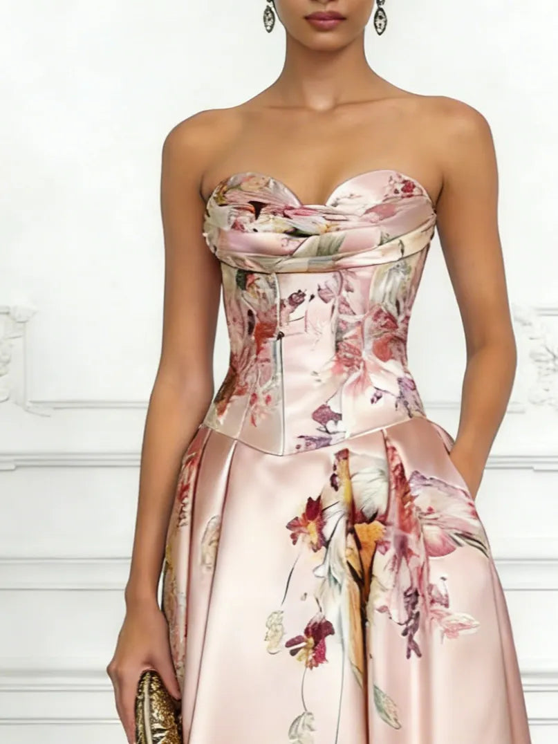 Pink Floral Satin Strapless Sleeveless A-Line Gown Dress