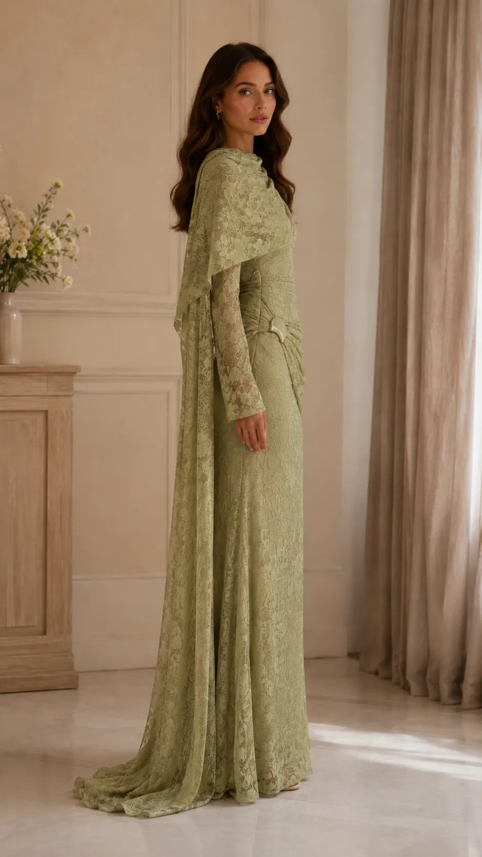 Beaded Lace Draped Cape Mermaid Gown