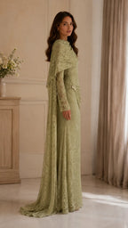 Beaded Lace Draped Cape Mermaid Gown