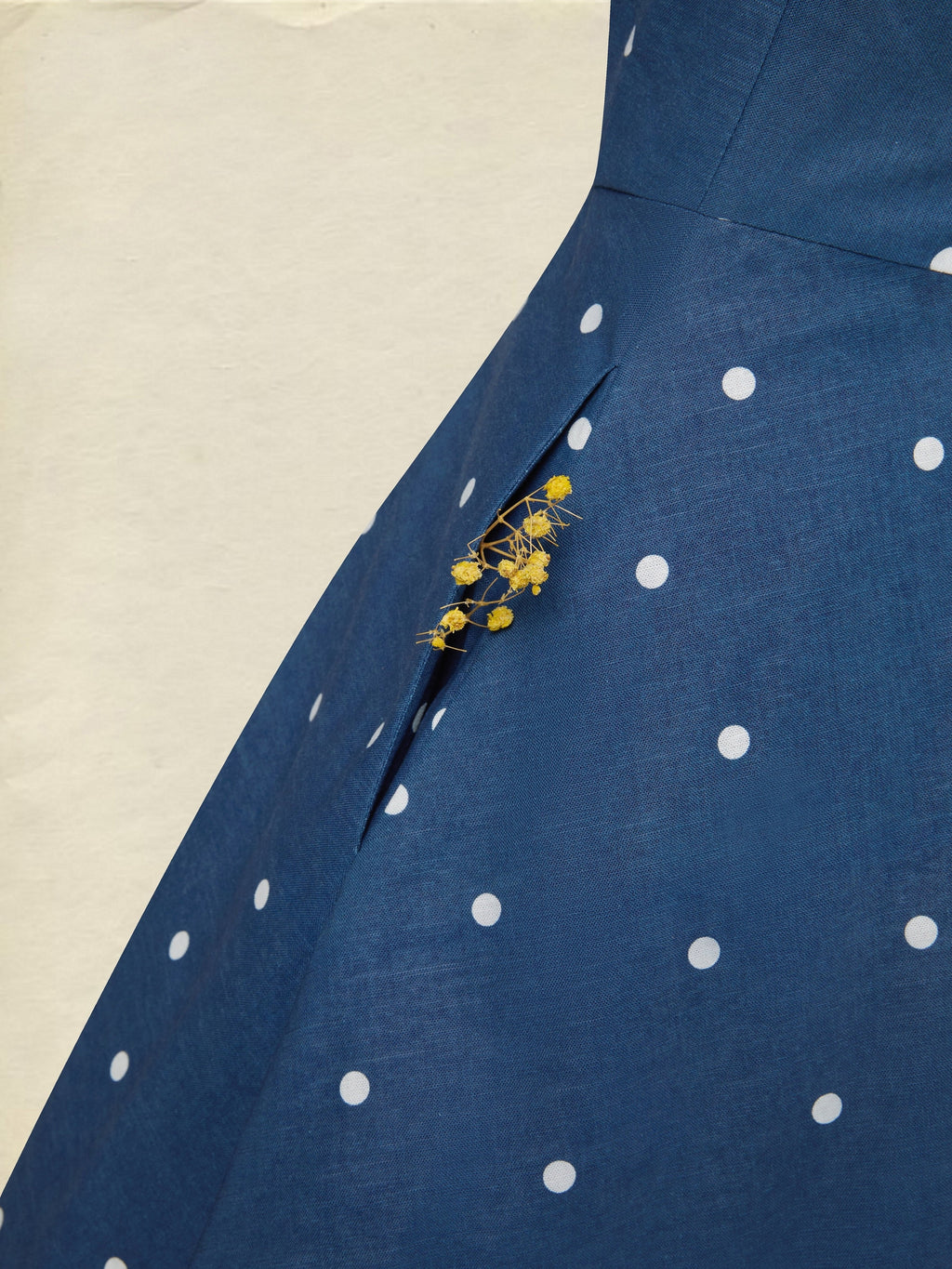 Midi Cotton Dress, Sleeveless, Square Neck, Polka Dots, Pocket Design, French Vintage, Deep Blue