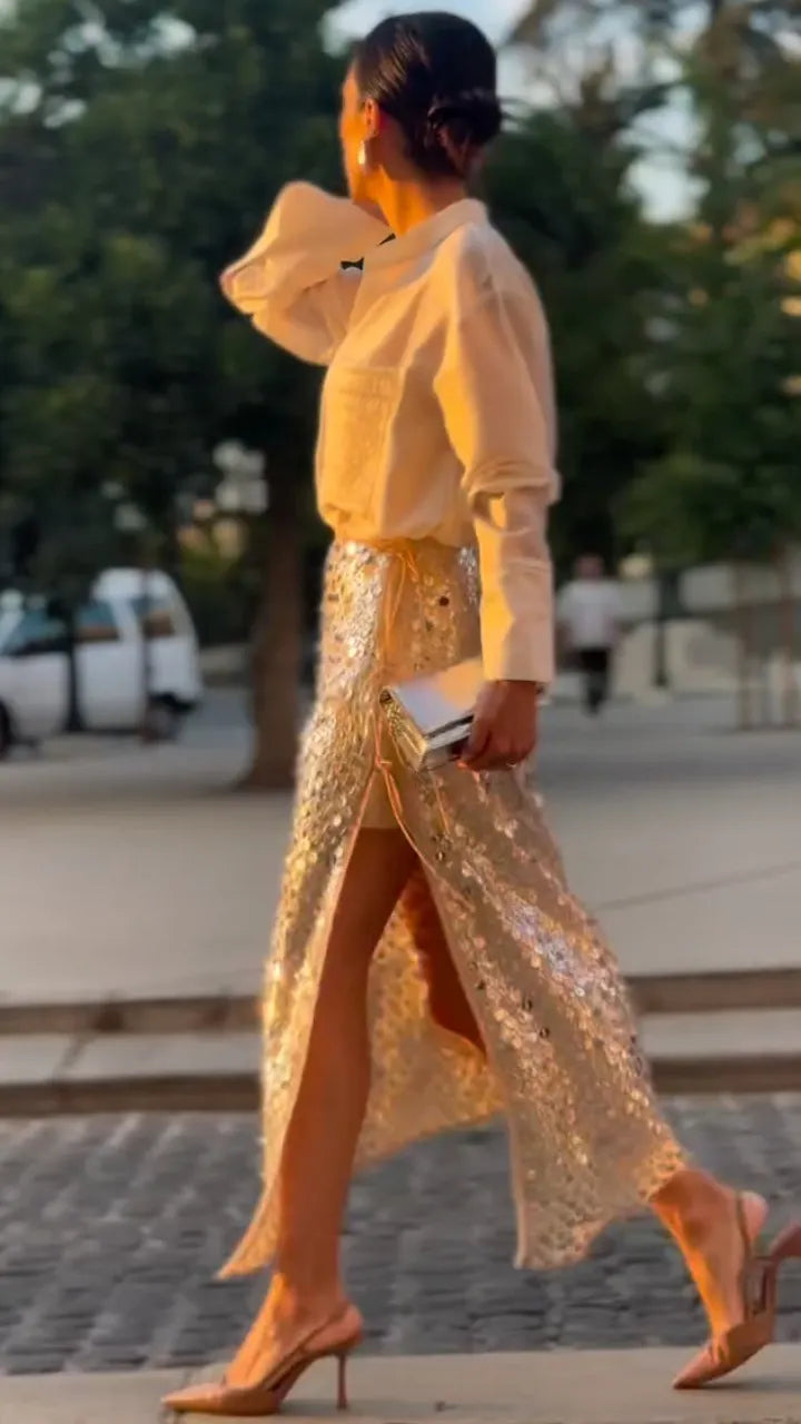Women's Embroidered Shirt & Sequin Skirt Two-Piece Set