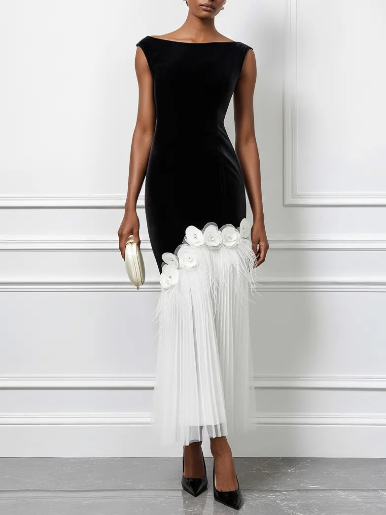 Black Tassel 3D Floral Velvet Boat Neck Sleeveless Mermaid Midi Dress