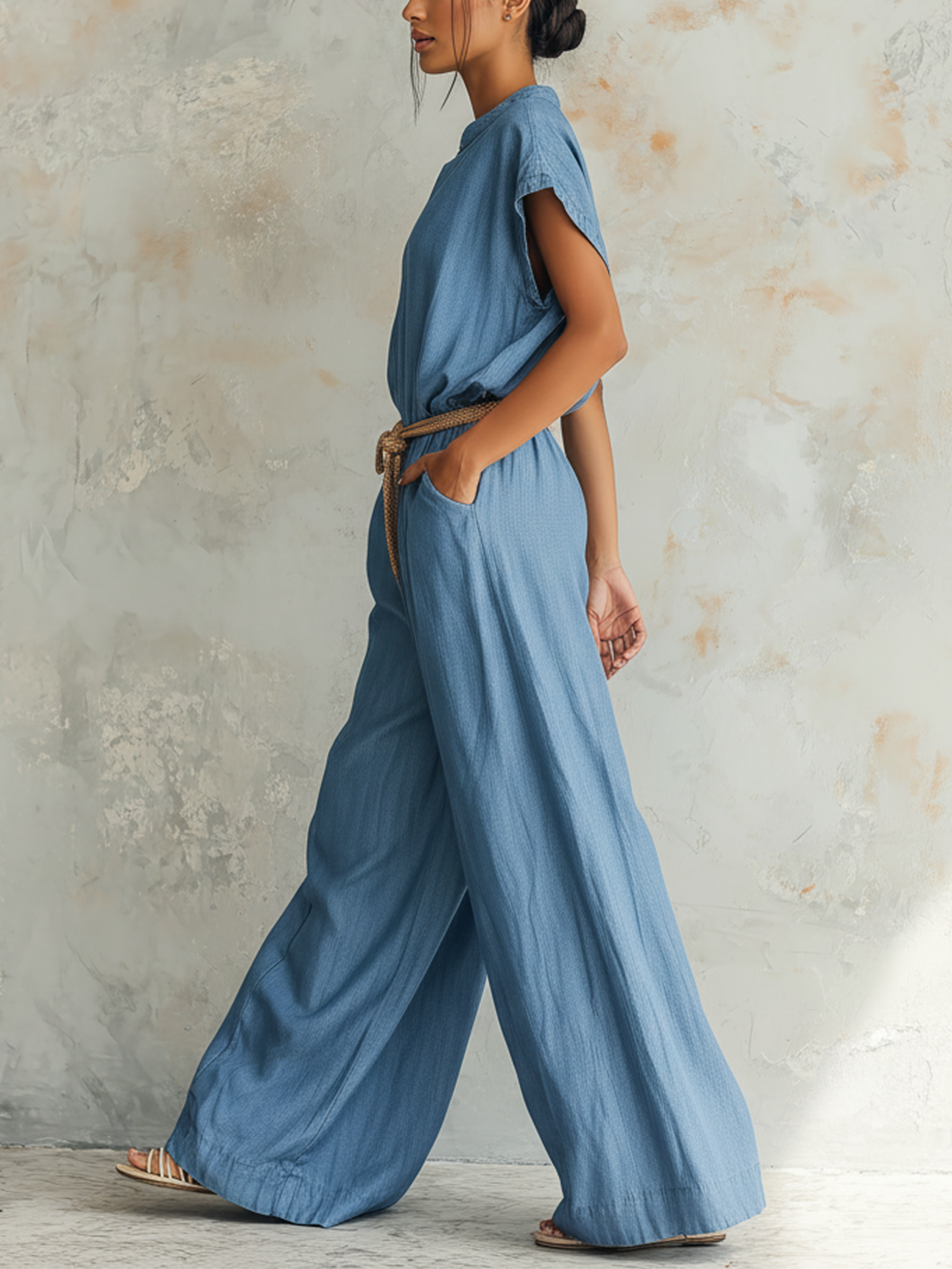 Light Blue Denim Short Sleeve Wide Leg Jumpsuit