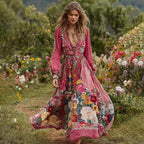 Women's Vintage Floral Art Print V-neck Long Sleeve Maxi Dress