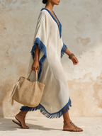 Breathable Linen Fringed Trim V-Neck Kaftan Maxi Dress